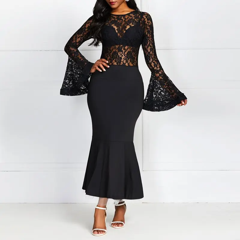 Цветочное Кружевное облегающее платье с расклешенными рукавами винтажные