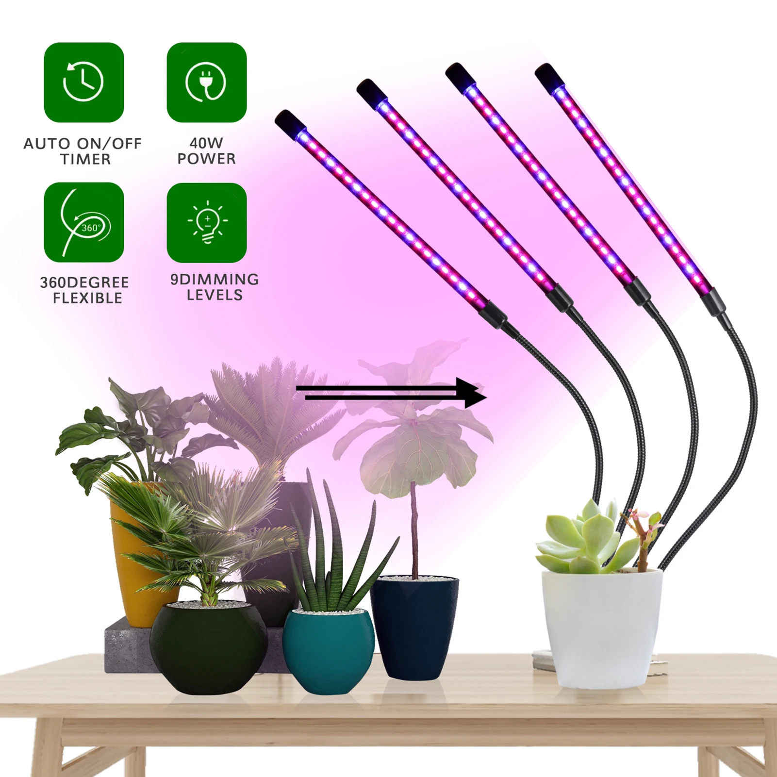 

40W 80LEDs Grow Light with Blue Red Light Bulbs 4/8/12H Timer 9 Brightness Leves for Plant Seedlings Sunlike LED Full Spectrum