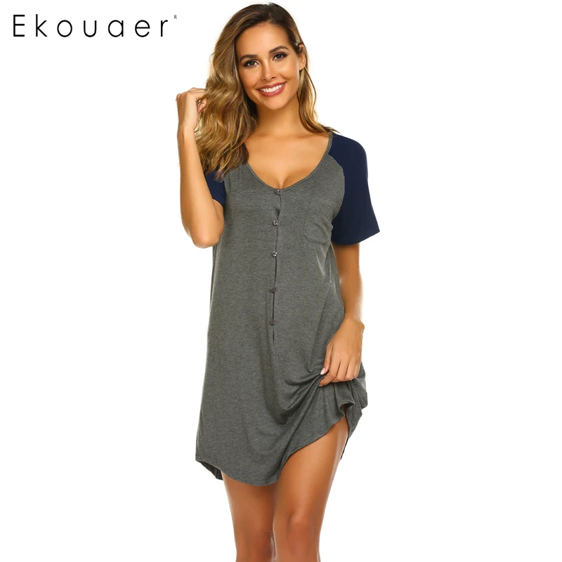 Gray And Blue Ekouaer Женская одежда для отдыха Ночная Рубашка домашняя одежда для сна Передняя Кнопка v-образный вырез короткий рукав лоскутное свободное Ночное платье - Цвет: Gray And Blue