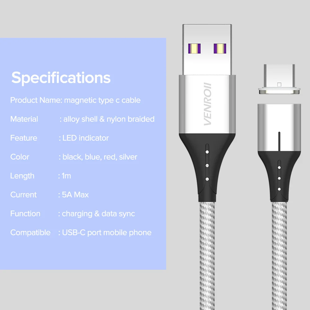 Venroii 1 м Магнитный usb type C кабель для быстрой зарядки USBC Кабо 5A Supercharge type-C телефонный шнур для huawei P30 P20 Honor 20 10 Pro