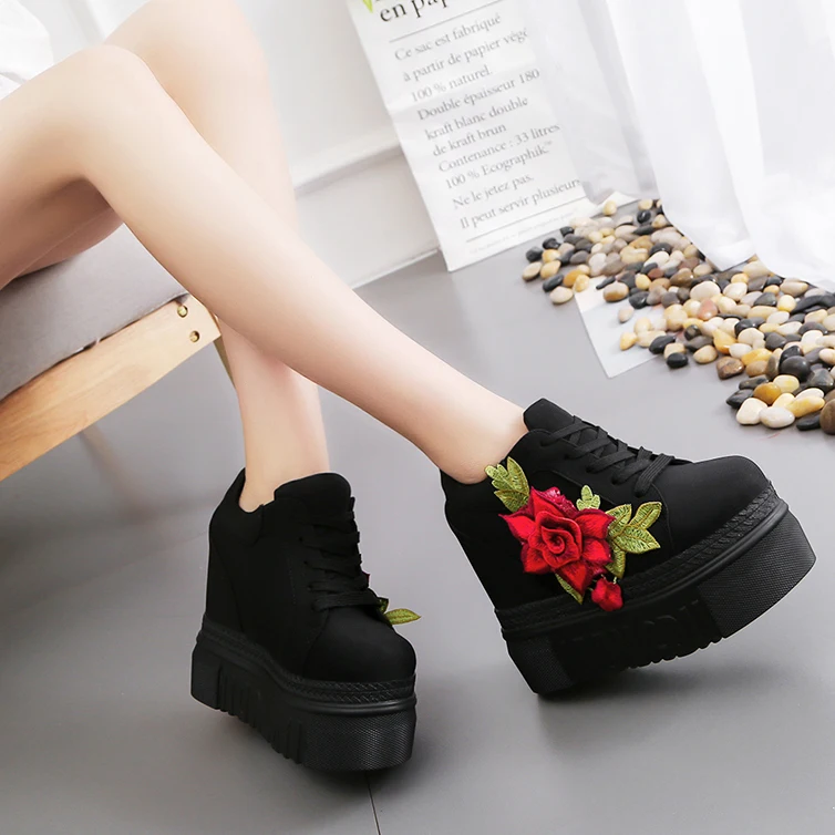 

Platform sneakers Women Vulcanize Shoes Vintage Lace Up High Heel Wedge Platform Women Shoes Leisure Girls Woman Footwear White