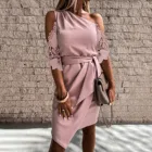 Женское повседневное однотонное кружевное асимметричное платье без бретелек