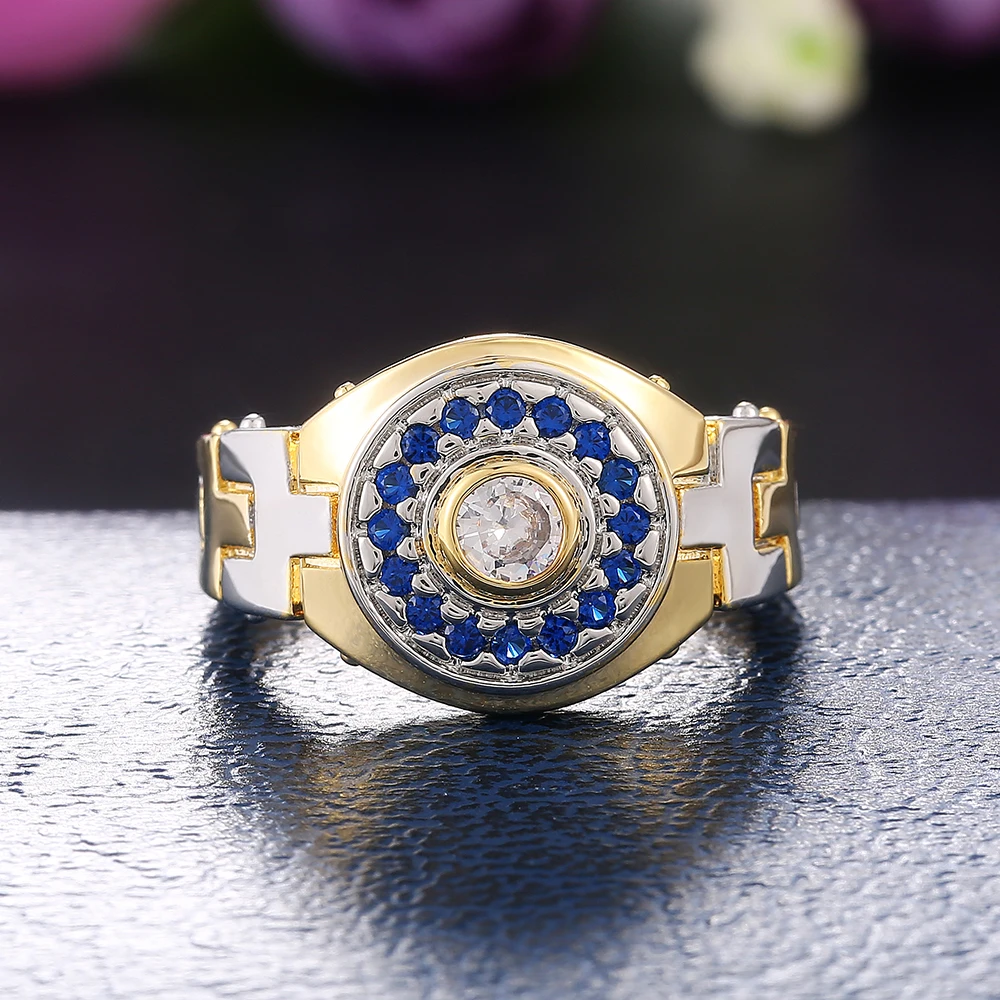 

Gorgeous Female Wedding Melange Ring Design Watch Shape Golden Blue Mixed Color Female Brilliant Finger Ring Engagement Jewelry