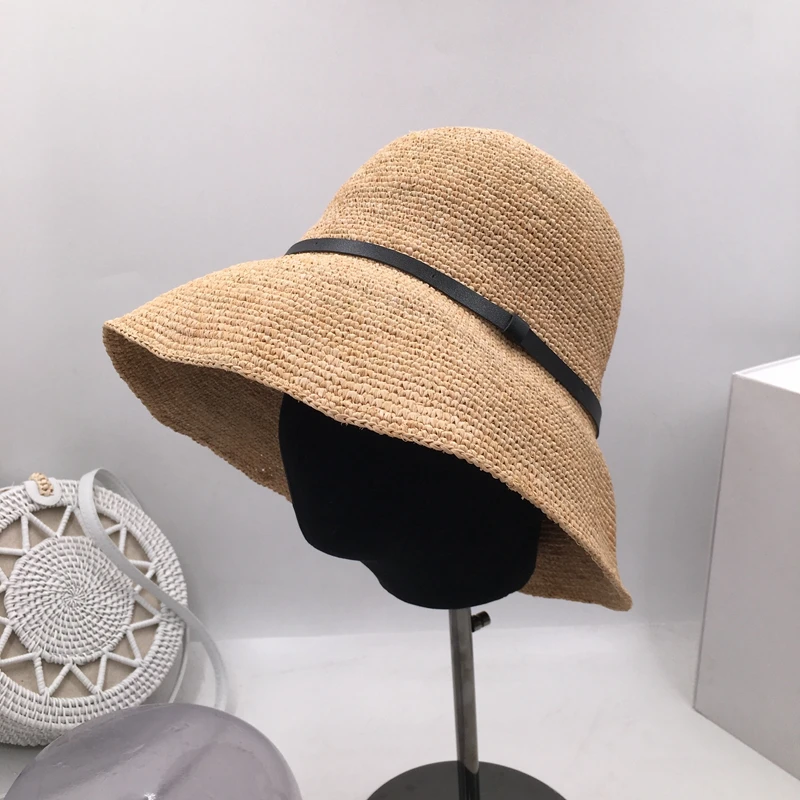 

backet hats Fisherman hat female summer big eaves holiday sun hat crochet lafite grass basin cap folding straw hat