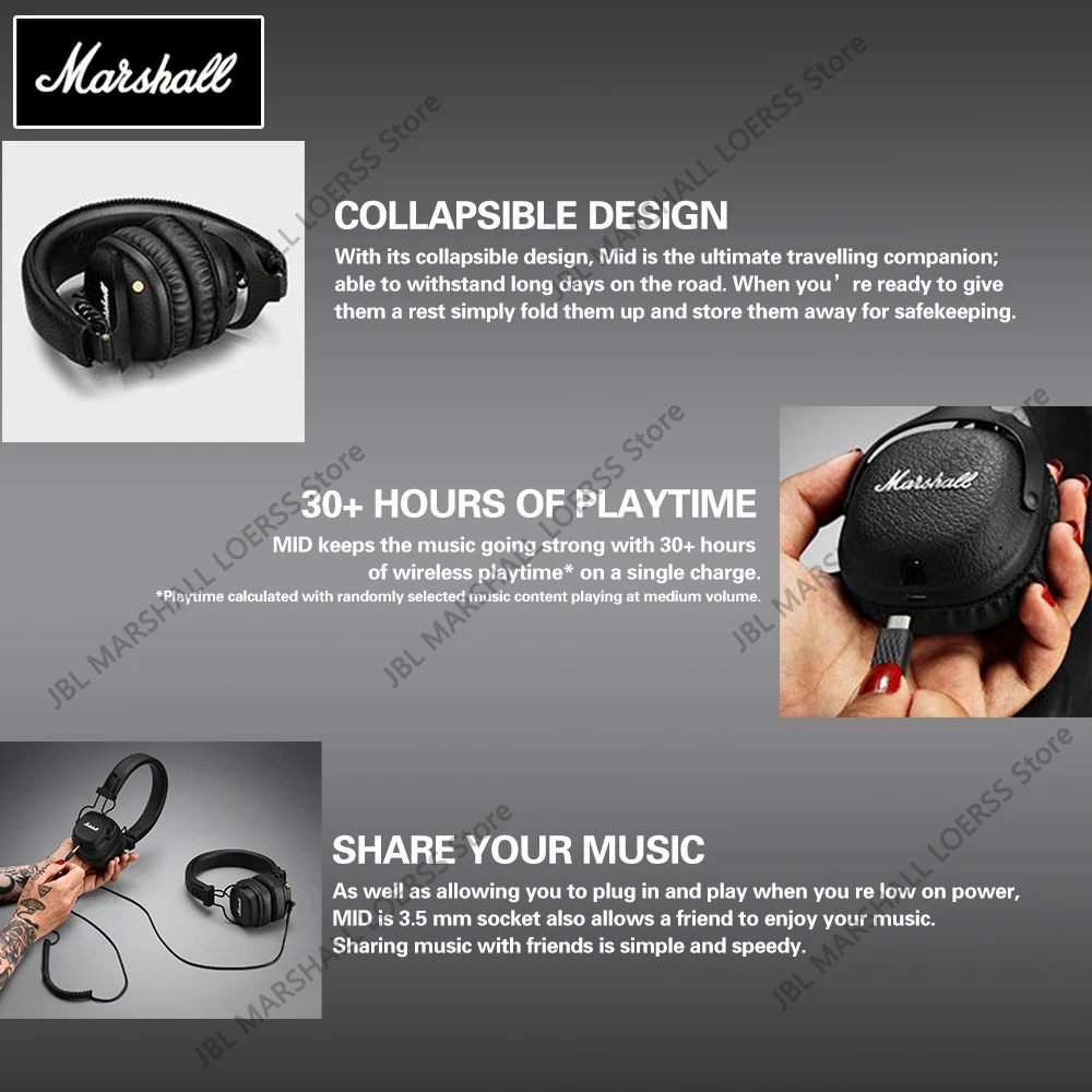 

Marshall Mid Bluetooth On-Ear Headphones Wireless Earphones Foldable Sport Pop Rock Metal Heavy Deep Bass Type Music Headset