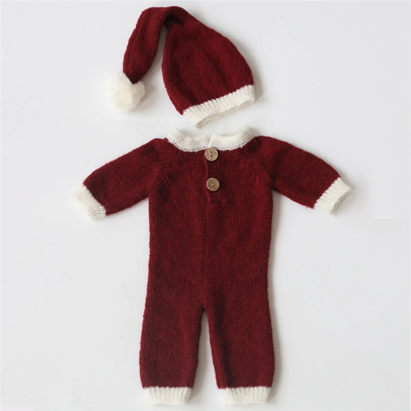 Accesorios de fotograf&iacute;a para reci&eacute;n nacido, sombrero de Navidad de Mohair suave + Mono, trajes de estudio, accesorios de fotograf&iacute;a infantil, disfraz de ganchillo-5