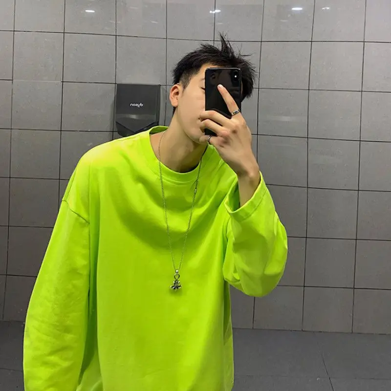 

High street T-shirt men letter solid t-shirts 2021 spring autumn new street hip-hop style casual loose long-sleeved thin tops