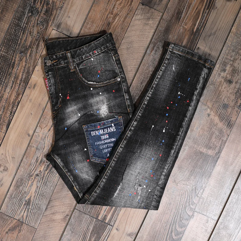 Autumn Men's Dots Printed Black Ripped Jeans Streetwear Casual Slim Fit Pencil Pants Cotton Denim Trousers