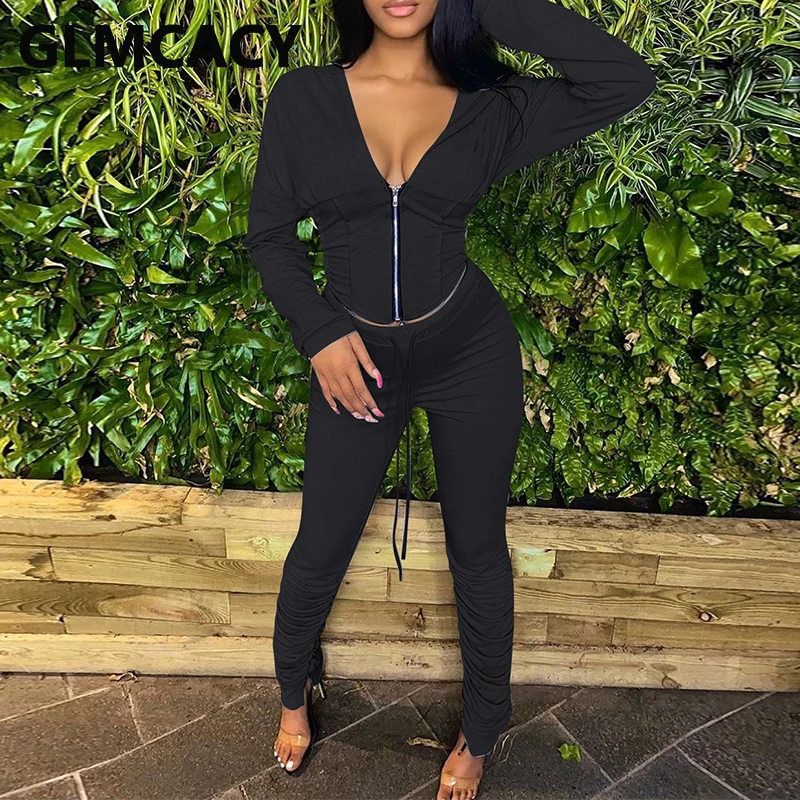 

Women Two Piece Solid Tracksuits Zipper Hoodies & Casual Pants Set