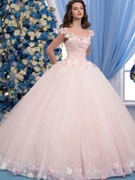 pink quinceanera dresses ball gown off the shoulder tulle appliques flowers puffy cheap sweet 16 dresses