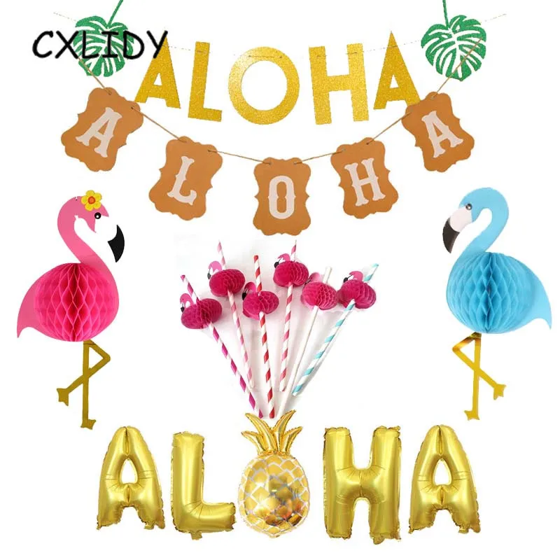 Hawaiian Party ALOHA Letter Turtle Leaf Banner Pineapple Balloon Flamingo Straw Honeycomb Ball Paper Lantern Decoration qq096 | Дом и сад
