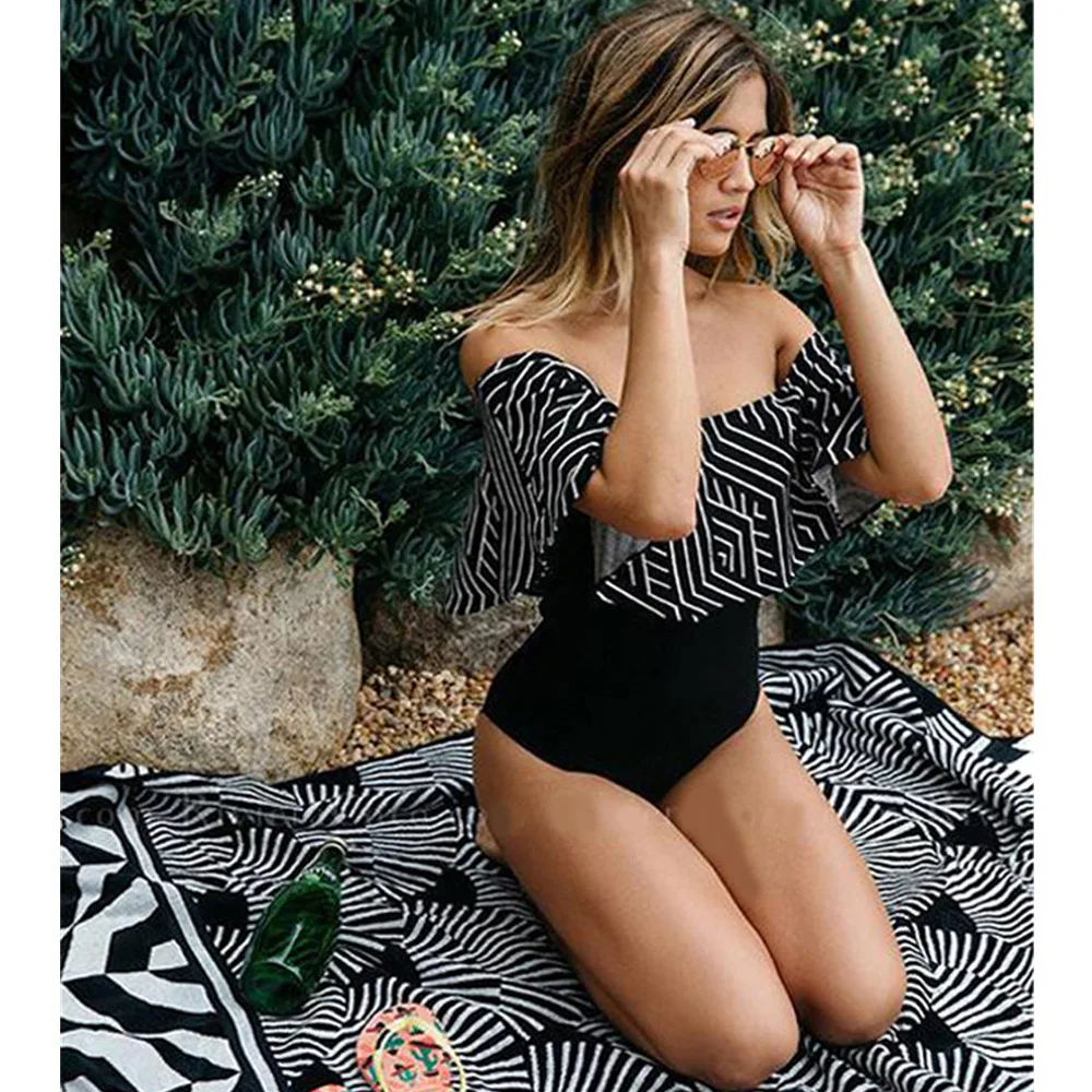 

Ashgaily Black Lace Flounce Off Shoulder Swimsuit Women Sexy Bodysuit Monokini Swimwear Ruffle One Piece Swimsuit Bathing Suit