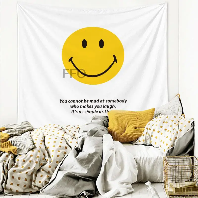 

Cartoon Smile Yellow Face Pattern Tapestry Kawaii Room Decoration Bedroom Wall Happy Everyday Background Polyester Fabric 50x70