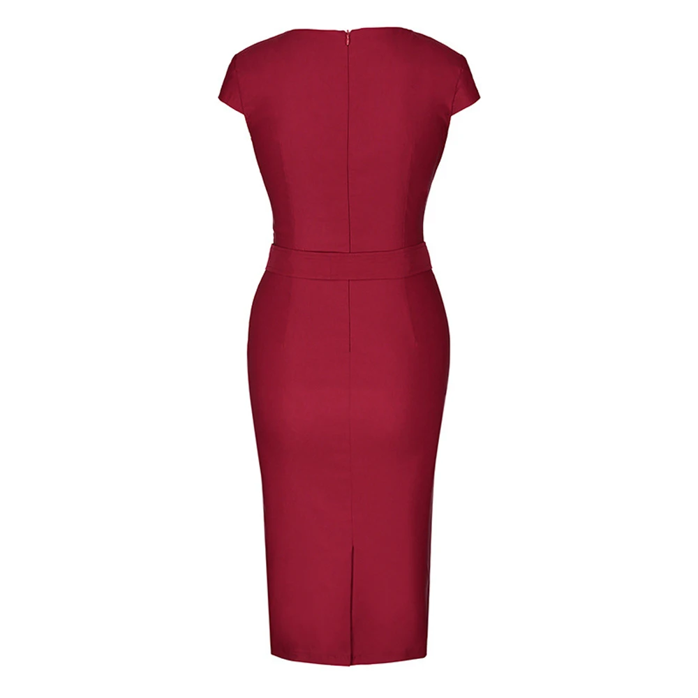 

Vintage Women Slim Spring Short Sleeve Black Dress V-Neck Breasted Button Business Work Bodycon Pencil Dress SP1197
