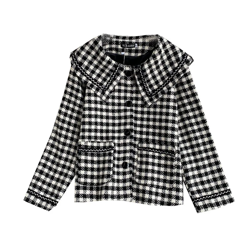 

Women's Coat Winter Korean Vintage Plaid Peter Pan Collar Hit Color Long-sleeved Loose Carigan Jackets Female Fashion New Ins