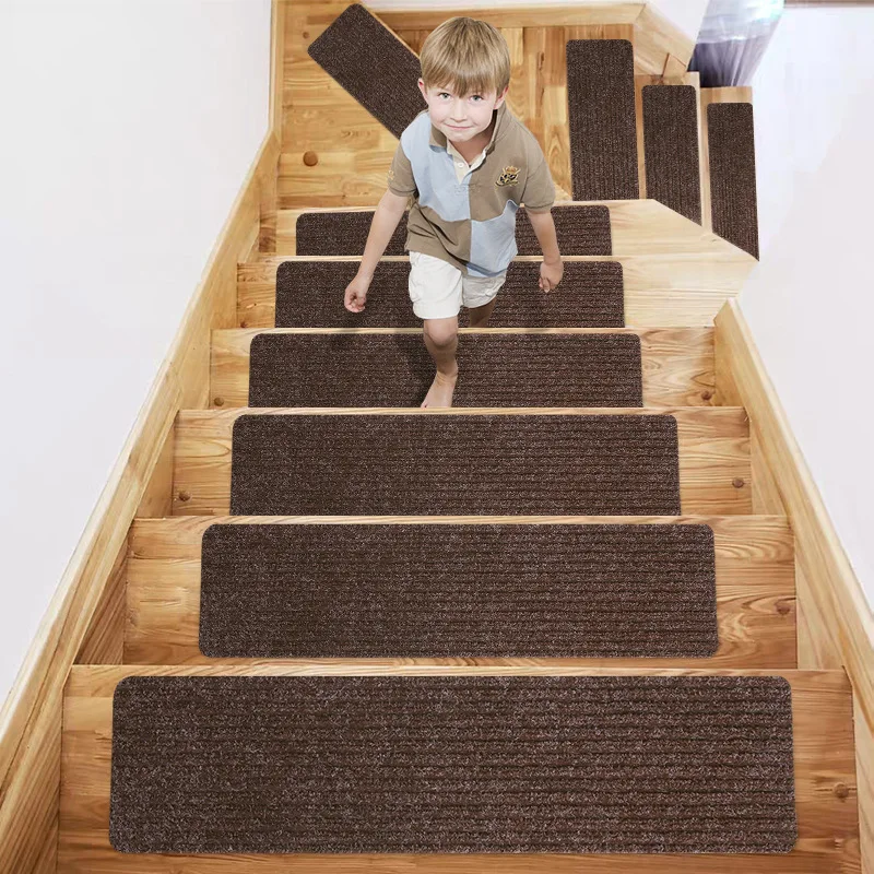 RULDGEE 8x30in Soft Self-adhesive Non-slip Water Absorption Stair Carpet Mat Protector Rug for Living Room Indoor Set of 15 pcs