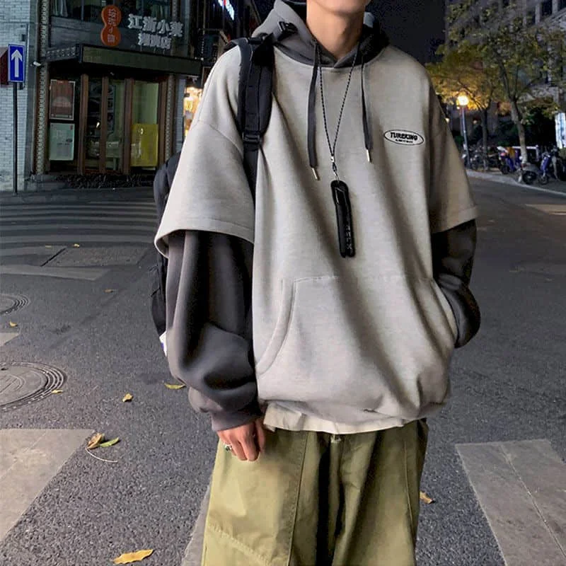 

Men Sweatshirt Couple Autumn Fake Two-piece Hooded Pullover Student Korean Loose Anime Hoodies Dropshipping Japanese Fashion