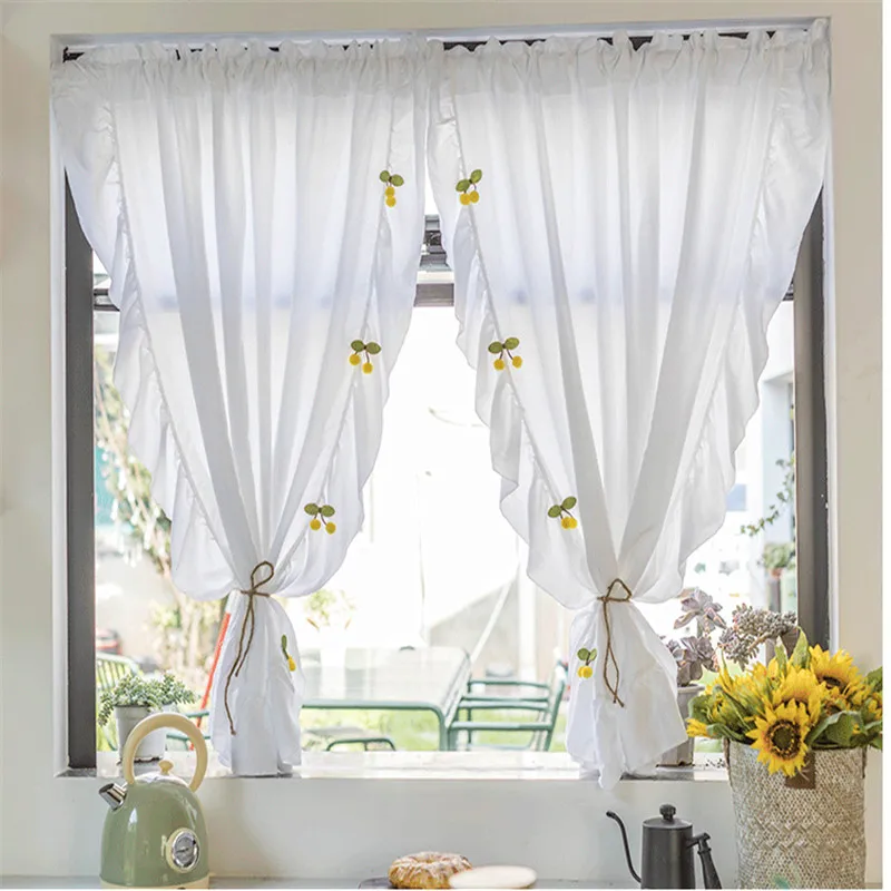 White Sheer Curtain Ruffle For Living Room Kitchen Cabinet Window Drapes Cute Cherry Kids Bedroom Tulle Rod Pocket | Дом и сад