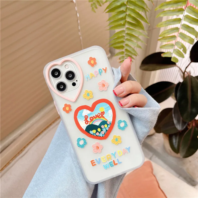 

Cute flower Love Heart Lens Case For iPhone 12 11 Pro Max Mini 7 8 Plus X XS Max XR SE2020 Girl transparent Soft TPU Phone Cover