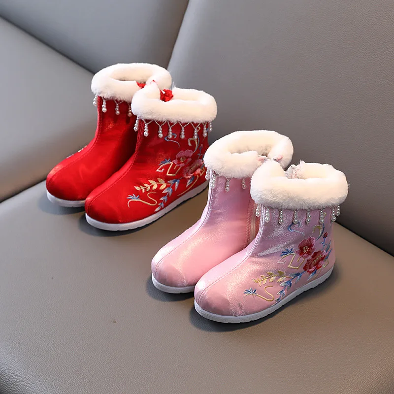 Ботинки с вышивкой для девочек осенне-зимние ботинки Hanfu детская Тканевая обувь