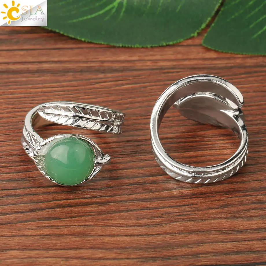 CSJA Открытое кольцо из натурального камня круглый кристалл кабошон резной лист