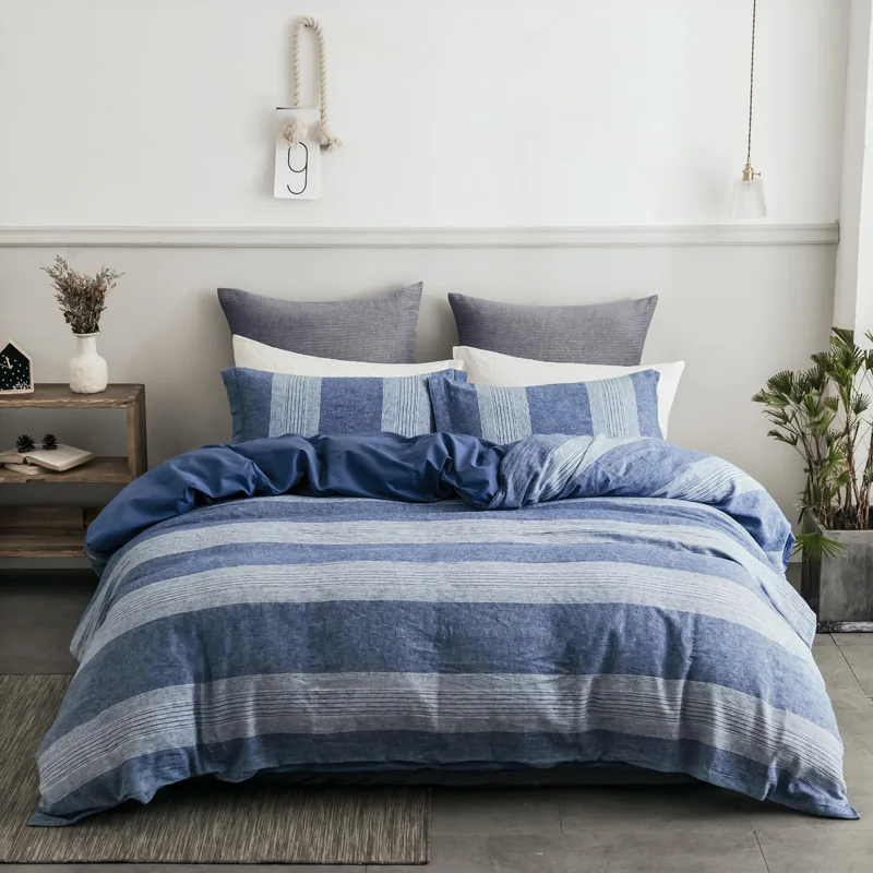 Blue PHF стираный льняной хлопок пододеяльник и 2 подушки Shams пряжа окрашенная мягкая дышащая легкая постельные принадлежности для лета King queen размер - Цвет: Blue