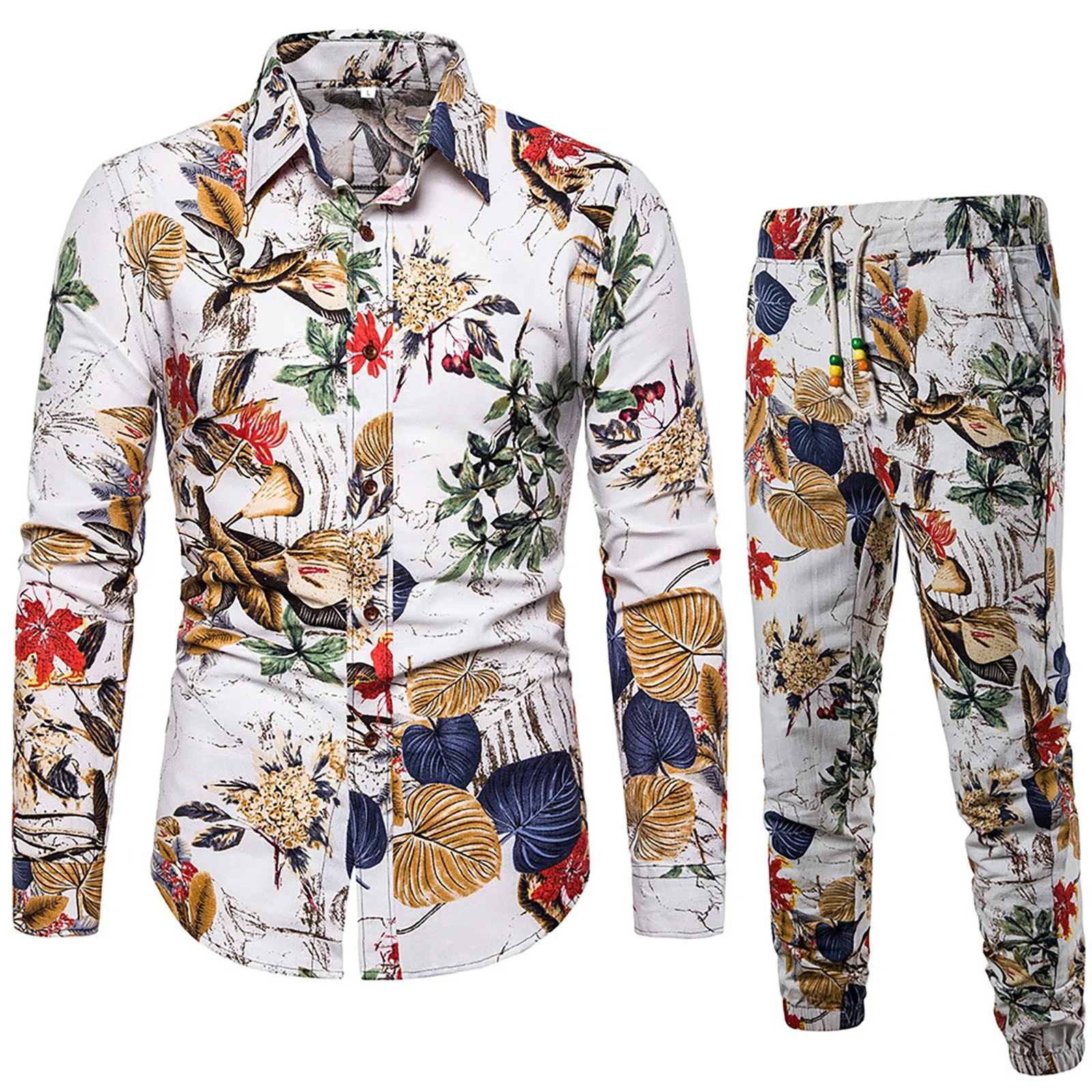 

Mens Casual Long Sleeve Shirt Business Slim Fit Shirt Print Blouse Top+Pants