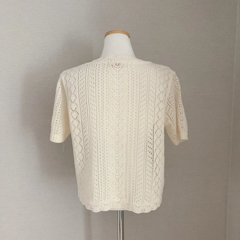 

Retro V-neck Lace Hollow Thin Women Cardigans Korean Chic Pearl Button Sweet Kintted Tops Short-sleeve Elegant Summer Sweaters