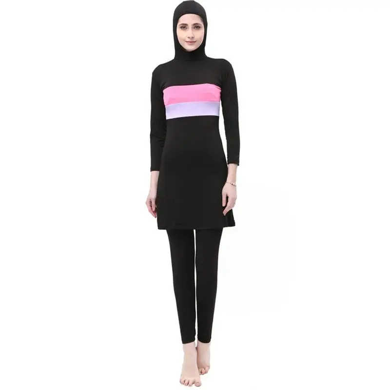 

2021 new Pink Women Stripe Printed Muslim Swimwear Hijab Muslimah Islamic Plus Size Swimsuit Swim Surf Wear Sport Burkinis 5XL