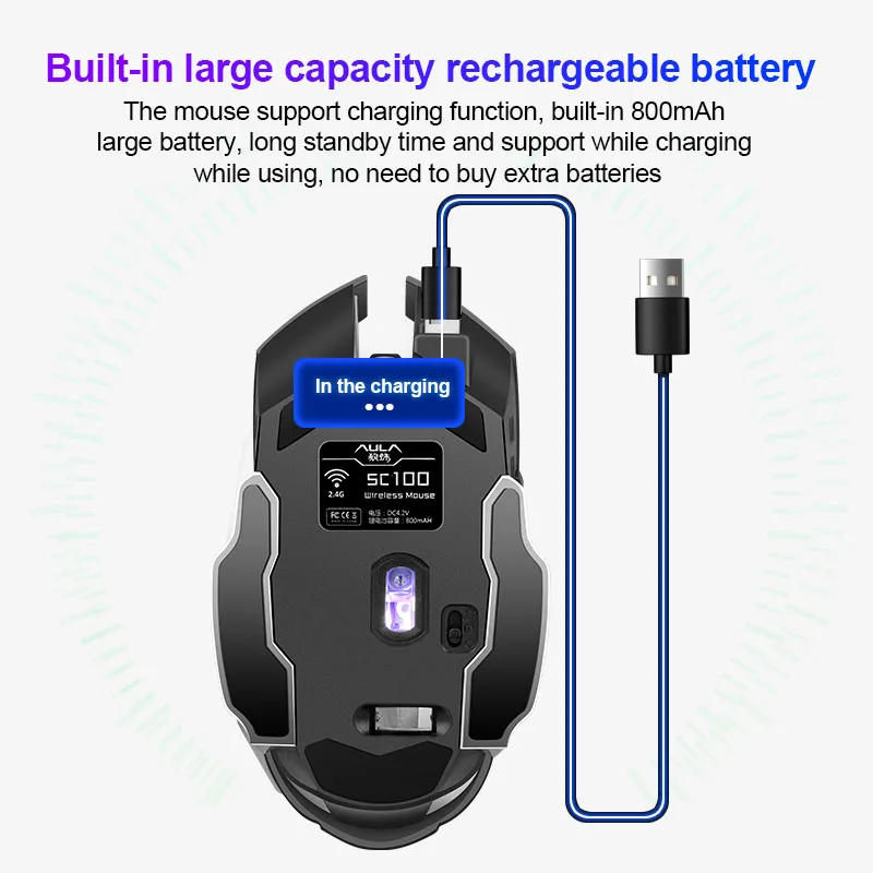 

AULA SC100 Wireless Gaming Mouse 2.4GHz USB Receiver Ergonomic Optical LED Backlight Mouse 800mA Battery Laptop Desktop Mice