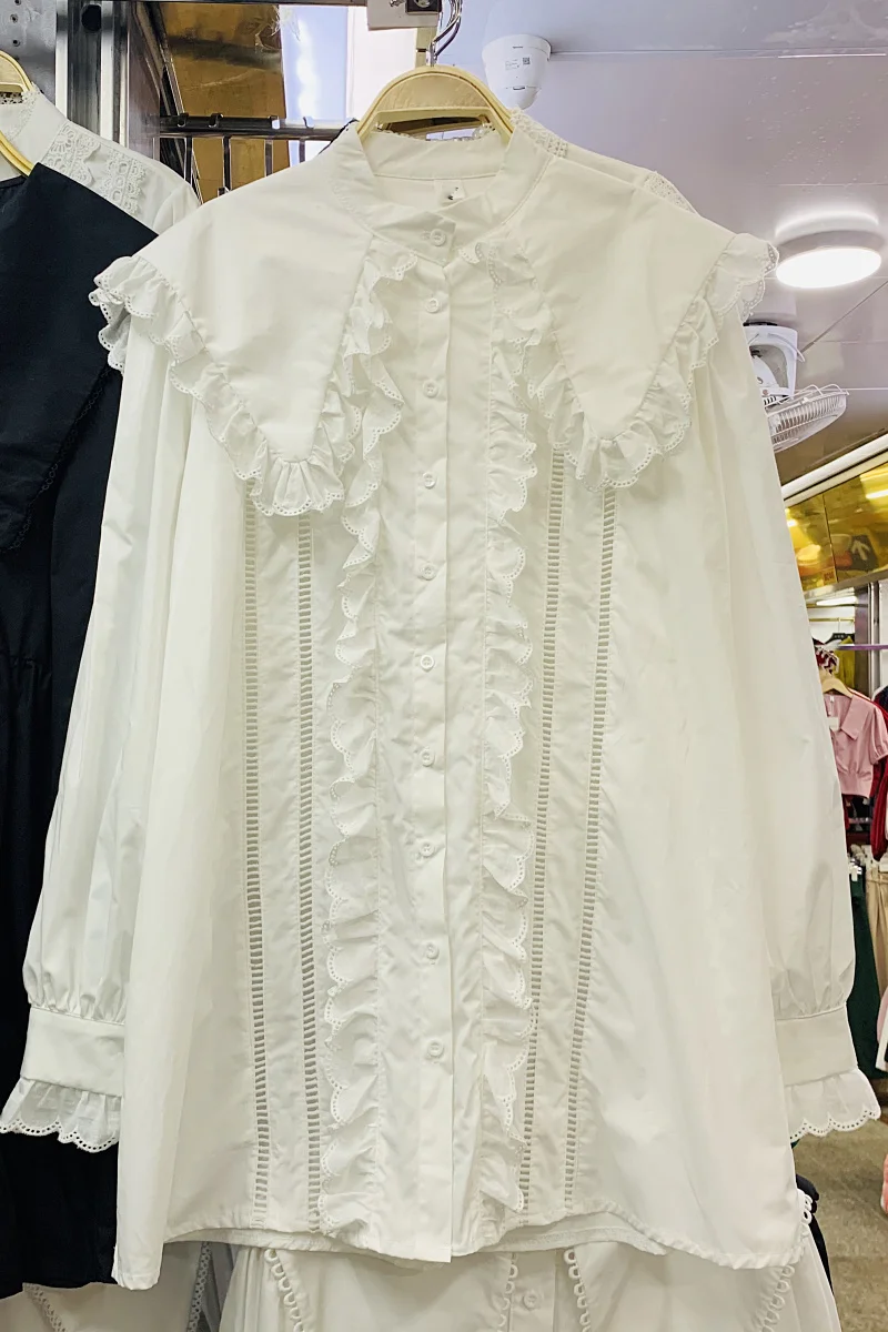 

2021 New Sweet Peter Pan Collar Women Fashion Shirt Blouse Loose Stringy Selvedge Long Sleeve Long White Top