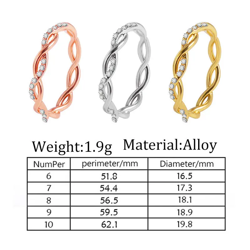 

New Gold Rose Gold Silver Color Zircon Twist Geometric Ring Fashion Lady Luxury Cutout Design Wedding Party Ring Gift