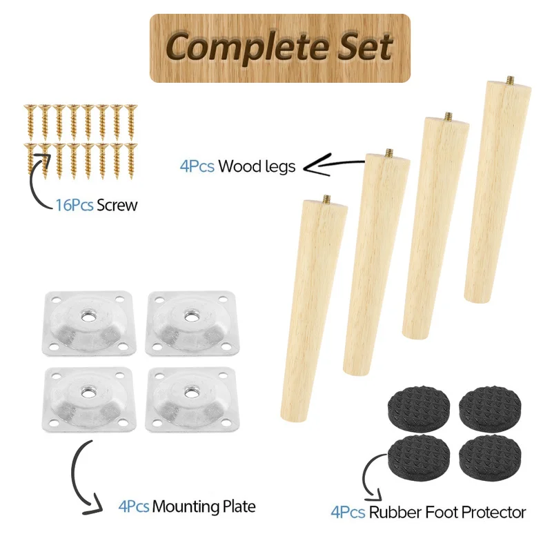 

4 Pcs/lot Wooden Sofa Legs Feet Slanting Straight Coffee Table Furniture Level Feets with Metal Plates Cabinet Legs Multi-size
