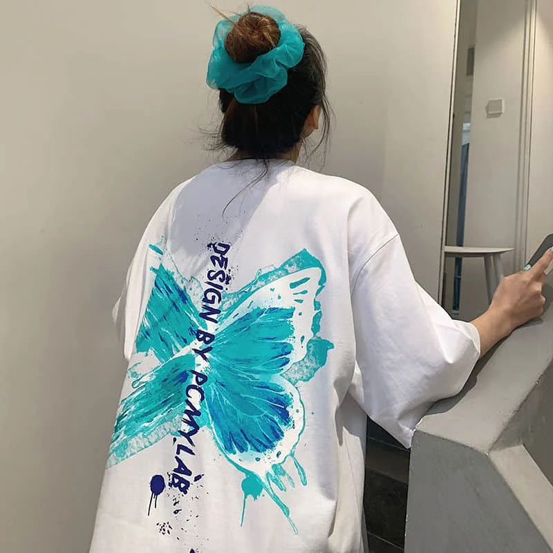 

T-shirt Men And Women Butterfly Graffiti Print Short-sleeved Personality Hong Kong Style Couples Harajuku Bf Wind Loose