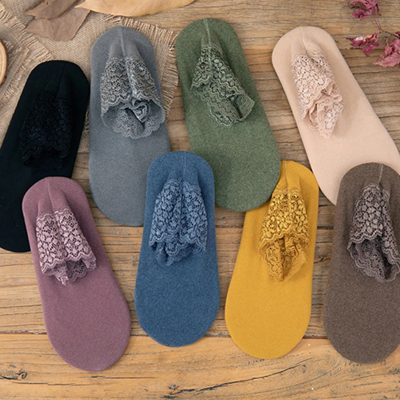 

Soft Breathable Warmer Socks Solid Color Ankle Socks Sleep Socks Short Boat Socks Solid Color No-slip Lace Edge Hot Sale Ladies