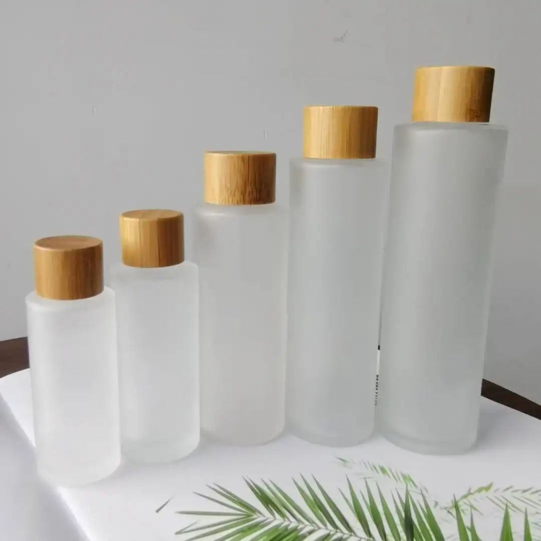 

5PCS Samples Frosted Glass Makeup Toner Bottles With Eco-Friendly Bamboo Lid For Lotion Perfume Cosmetic Packaging