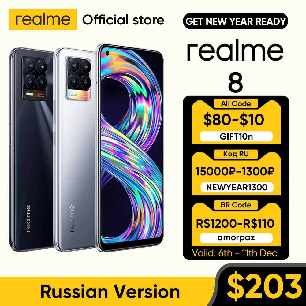 Realme-Smartphone 8 versi&oacute;n rusa, tel&eacute;fono m&oacute;vil con c&aacute;mara cu&aacute;druple de 64MP, Helio G95, Pantalla AMOLED de 6,44 pulgadas, bater&iacute;a de 5000mAh, carga de 30W, 6GB y 128GB-0