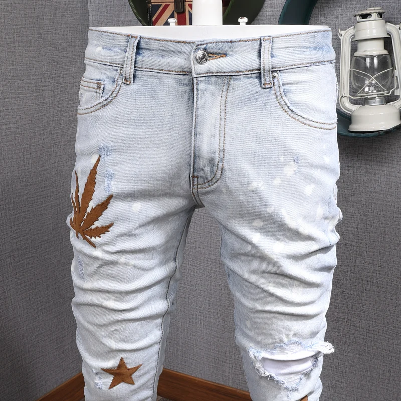 American Street Style Fashion Men Jeans Retro Light Blue Slim Fit Ripped Jeans Men Patches Designer Hip Hop Denim Punk Pants