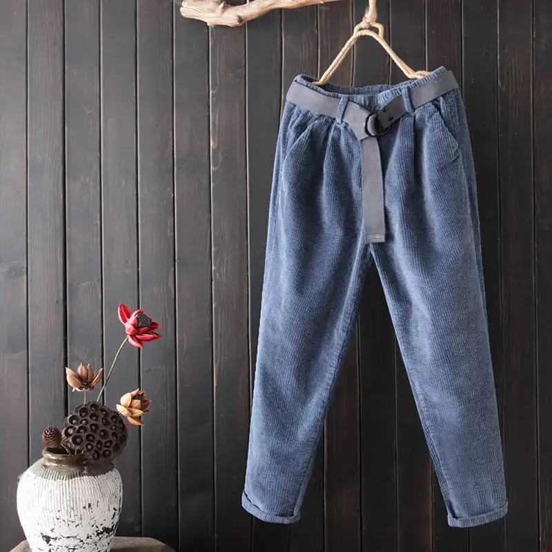 Женские вельветовые брюки синие повседневные штаны шаровары с поясом на осень и