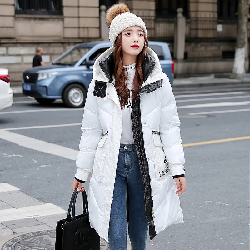

Блестящий пуховик с подкладкой для женщин, новинка 2021, зимнее свободное плотное пальто средней длины с капюшоном в Корейском стиле, простая ...