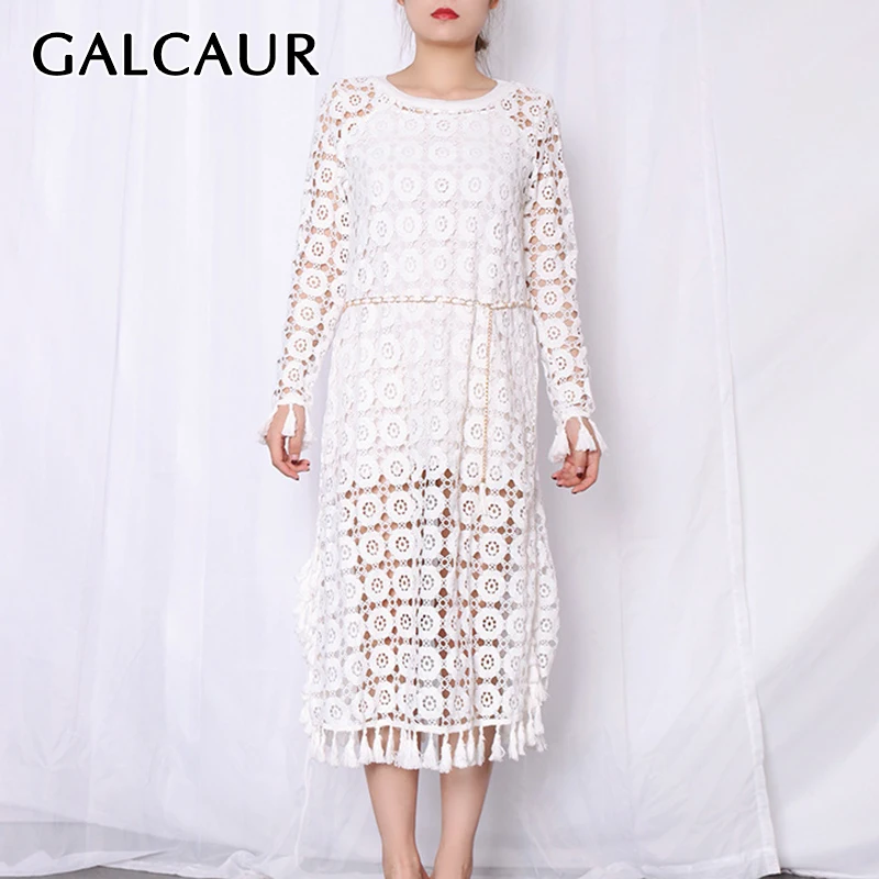 

GALCAUR Solid Dress For Women O Neck Long Sleeve High Waist Hollow Out Tassels Designer Elegant Dresses Female 2021 Spring