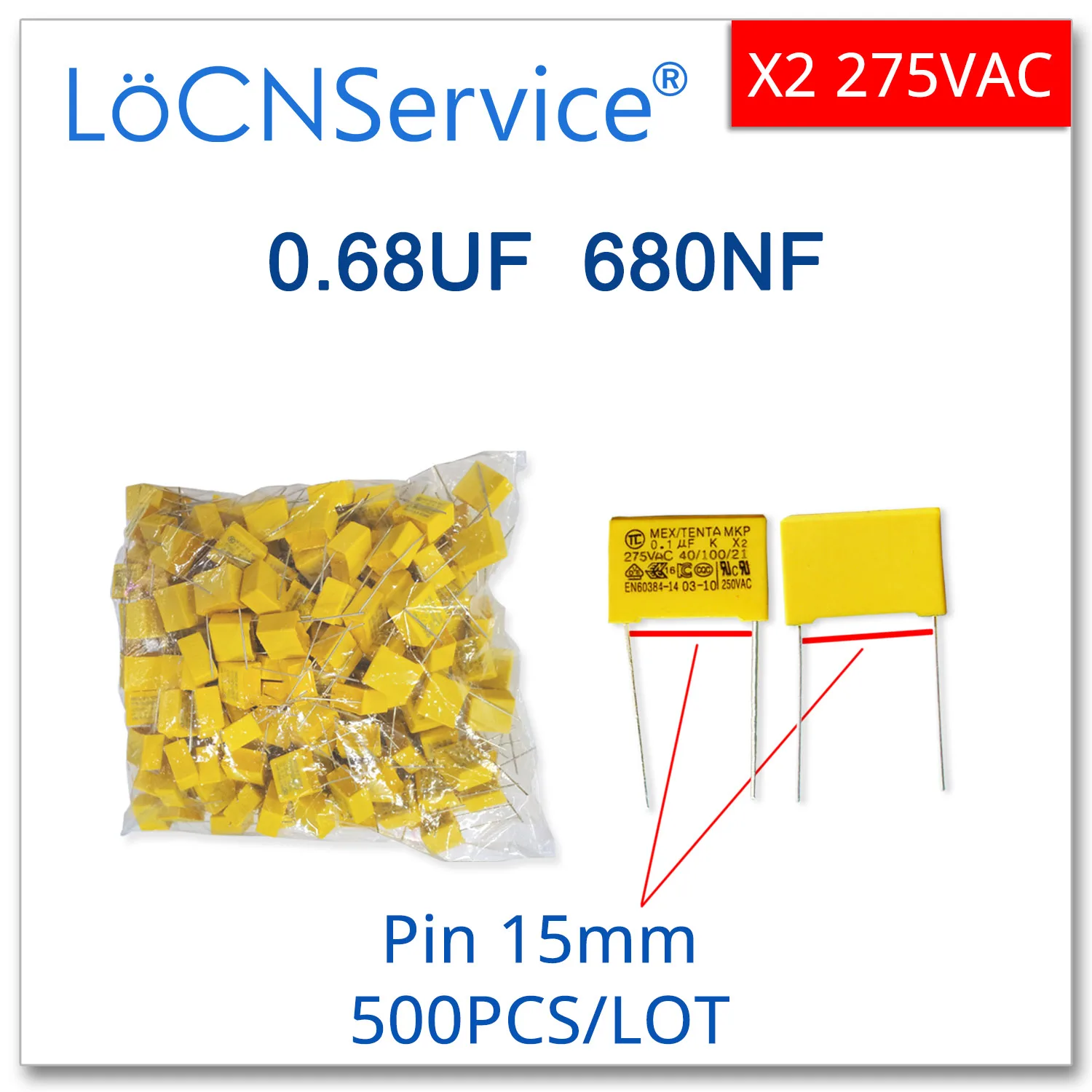 Конденсатор безопасности LoCNService X2 500 шт. 275VAC 0 68 UF 680NF шаг 15 мм 10% 684|Запасные части| |