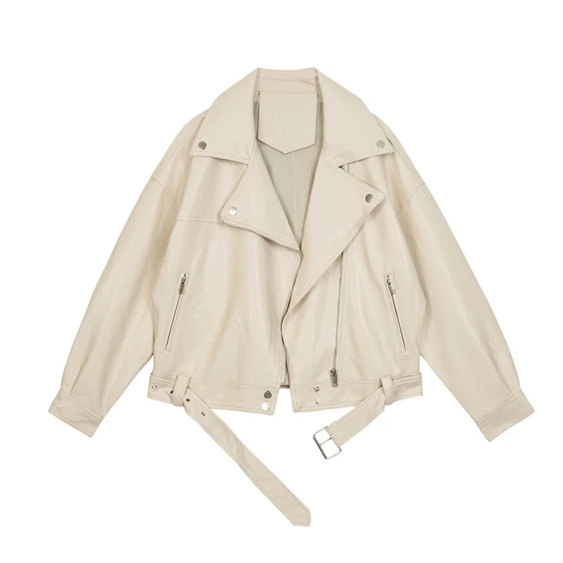 

Jacket women 2021 New Spring Women Pu Leather Motorcycle Jacket Female With Belt Solid Color Jackets Ladys Loose Casual Jacket
