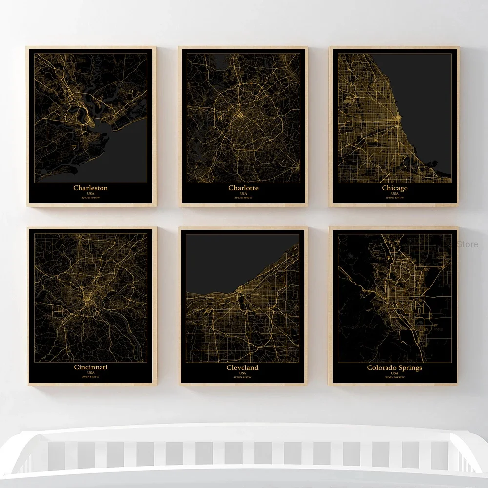 

Плакат с черной Золотой линией из США, Чарльстон, чарлотт, Чикаго, цинцинциннати, Кливленд, Колорадо, Коламбус, Корпус Кристи