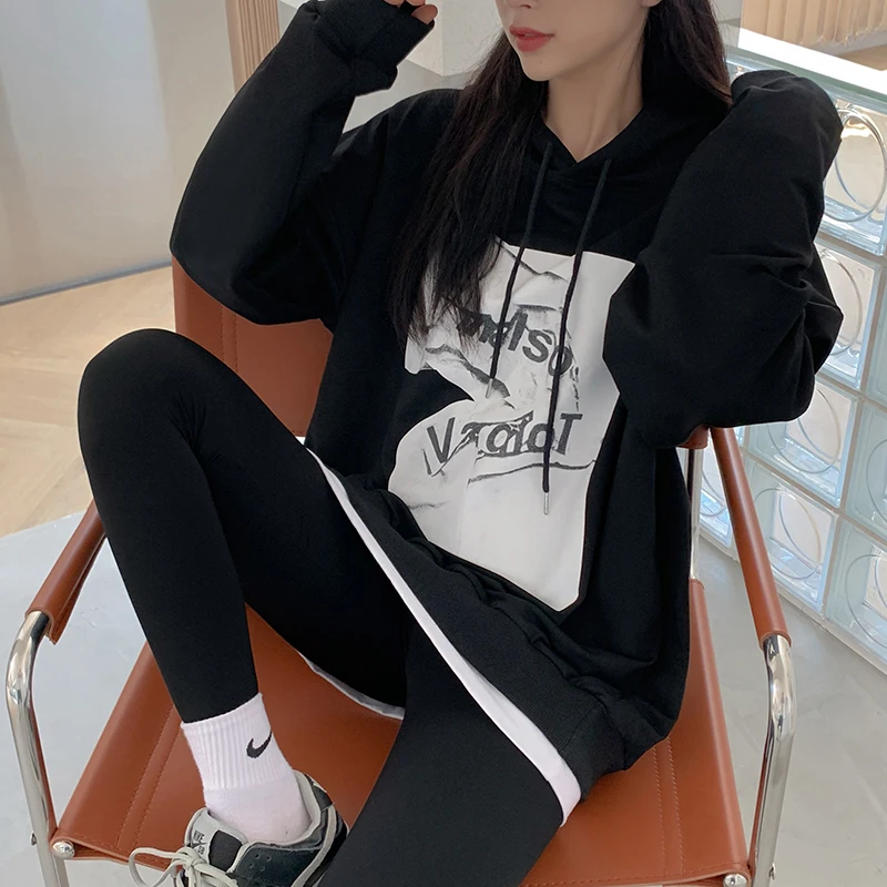 

Autumn Creative Printing Hooded Sweater Women Korean Fashion Oversized Fake Two-Piece Blouse Pullover Student Friend Clothing