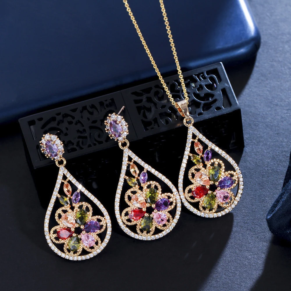 

ThreeGraces Multicolor Cubic Zirconia Crystal Chic Flower Dangle Earrings Necklace Set for Women Fashion Party CZ Jewelry JS539