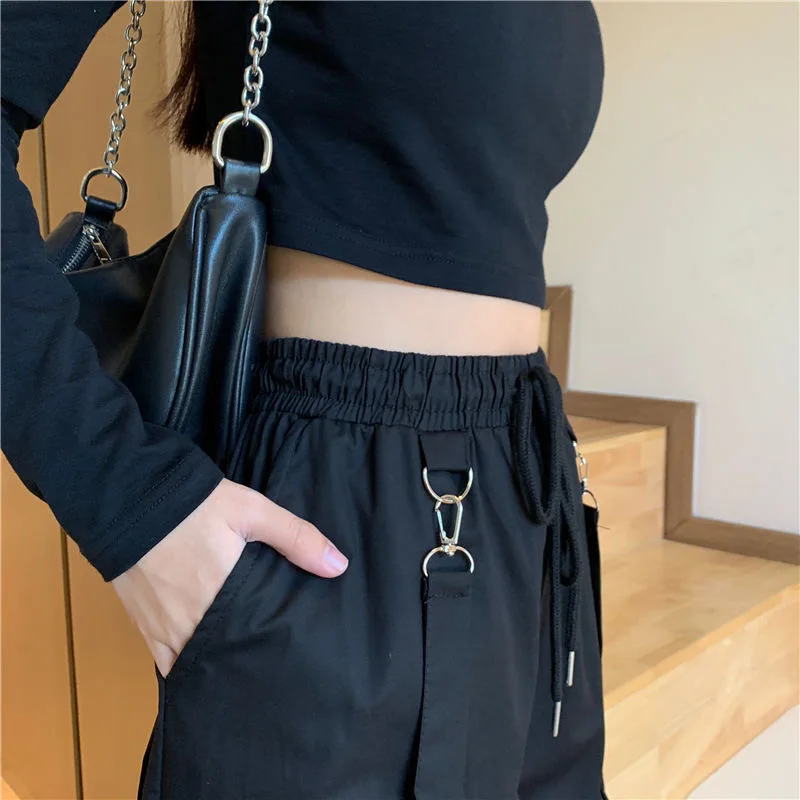 

Women Fashion Harajuku Cargo Pants Black Detachable Strap Trousers Female Elastic Waist Streetwear Pants Plus Zise Casual Pants