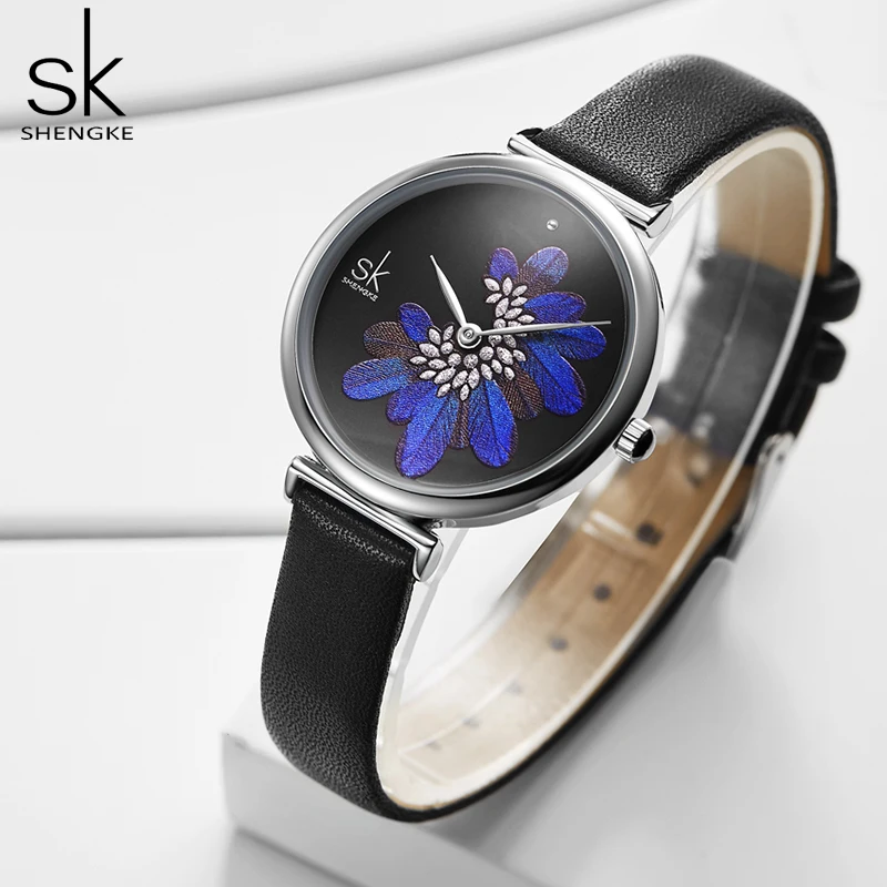 Shengke Творческий Для женщин часы наручные 2021 SK Кожаный ремешок для синий перо