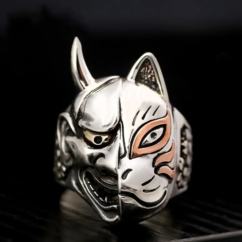 

Milangirl Fashion Vintage Pop Japanese Prajna Mask Hip Hop Rock Punk Metal Personality Ring for Men Women Asymmetry Rings