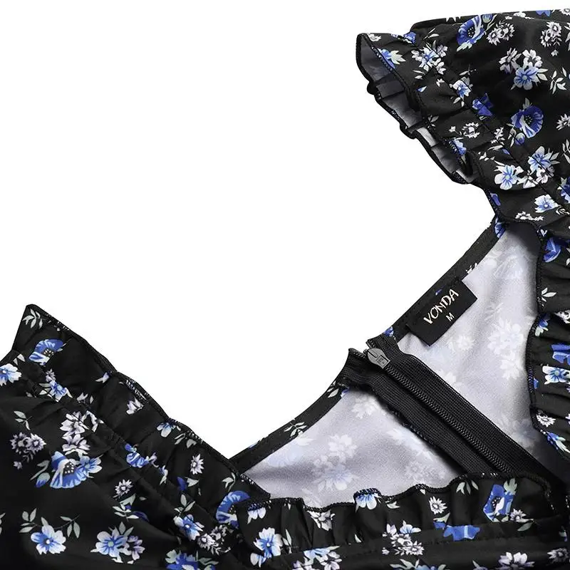 

Women Dress Summer Bohemian Sundress 2021 VONDA Vintage Floral Print Mini Dresses Vestidos Plus Size Beach Short Robe Femme
